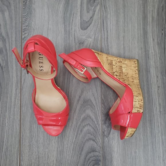 Guess Kalisa Open Toe Platform Wedge Sandals Patent Red Size 7 - Picture 12 of 12